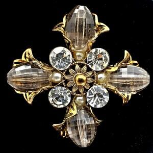 Maltese Cross Brooch Smoke Acrylic Gothic Revival Pin Gold Tone Rhinestones Vtg